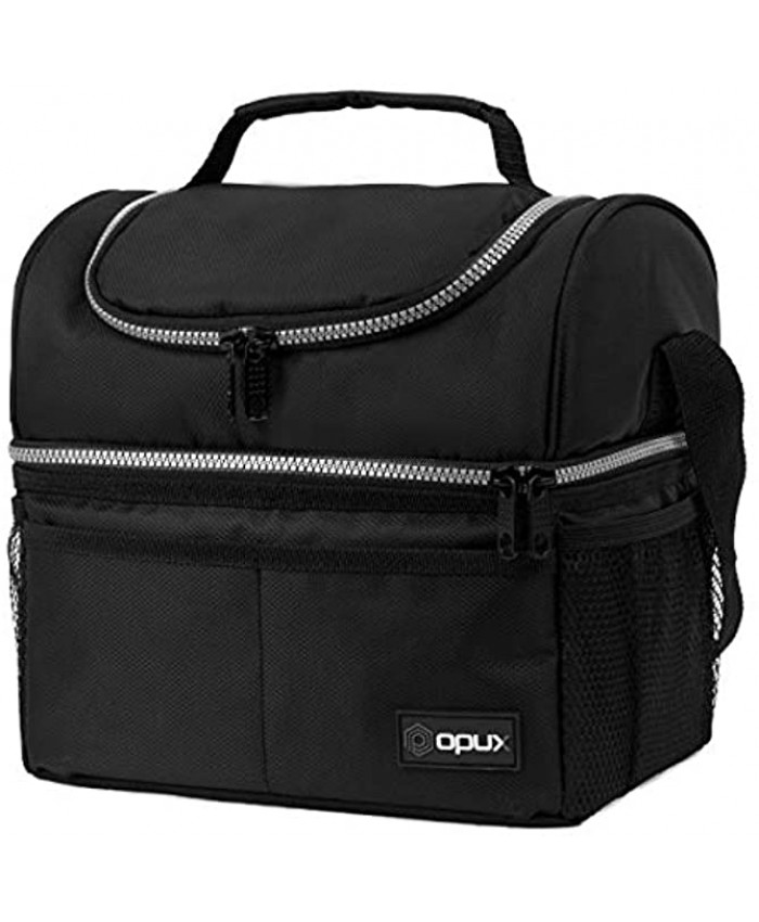 Insulated Dual Compartment Lunch Bag for Men Women | Double Deck Reusable Lunch Box Cooler with Shoulder Strap Leakproof Liner | Medium Lunch Pail for School Work Office Black