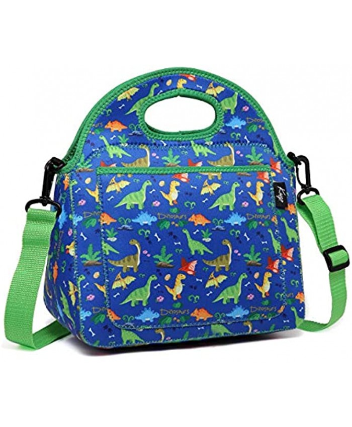 Lunch Bag for Kids KASQO Neoprene Insulated Boys Lunch Boxes Children’s Lunch Tote with Front Pocket and Detachable Adjustable Shoulder Strap in Cute Dinosaur