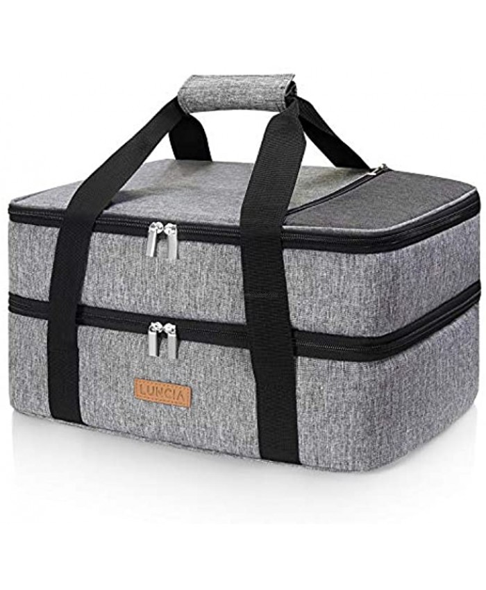 LUNCIA Double Decker Insulated Casserole Carrier for Hot or Cold Food Lasagna Holder Tote for Potluck Parties Picnic Cookouts Fits 9x13 Baking Dish Grey