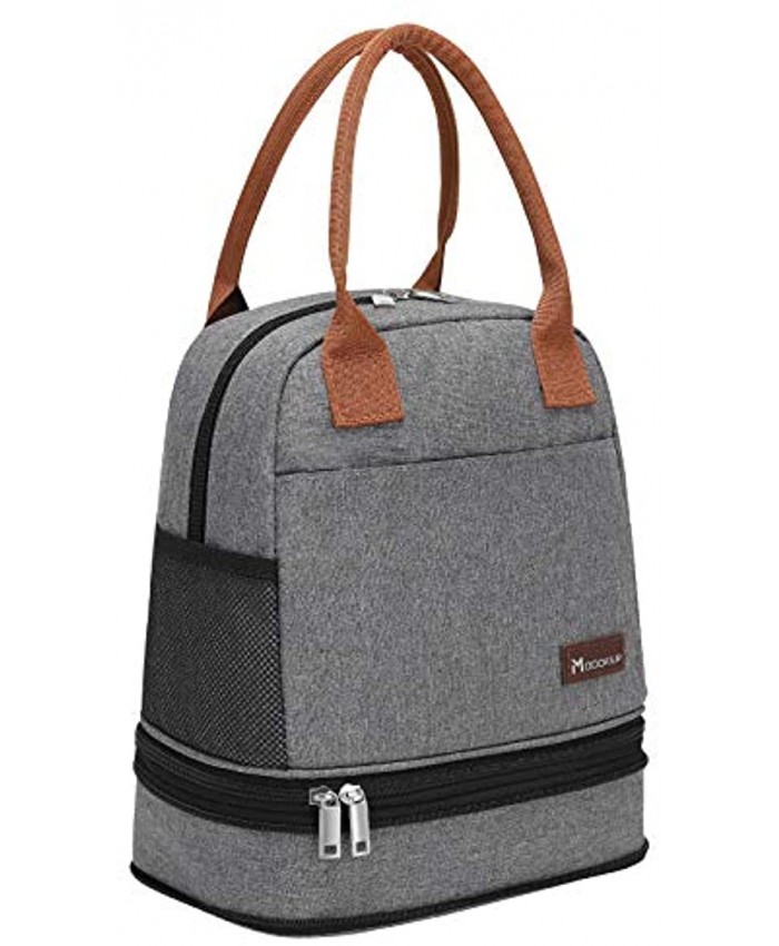 Modoker Dual Compartment Lunch Bags for Women Men Insulated Lunch Tote with Side Pocket Lunch Box for Work School Picnics Grey