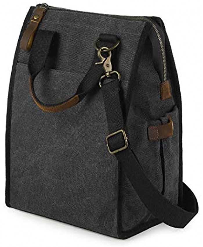SMRITI Insulated Canvas Lunch Bag 9.6 L Reusable Leakproof Lunch Container for Women Men with Crazy Horse Leather Handle and Zipper Closure Keep Food Warm Work Office School PicnicDark Grey