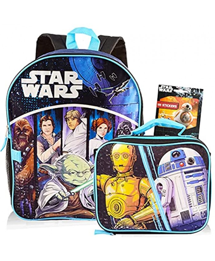 Star Wars Backpack with Lunchbox Set for Boys Kids ~ 3 Pc Bundle with Deluxe 16 Classic Star Wars Backpack Insulated Lunch Bag And Stickers Star Wars School Supplies