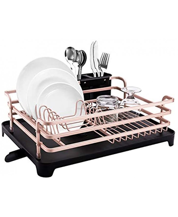 Aluminum Dish Drying Rack,HBlife Never Rust Sink Dish Drying Rack with Utensil Holder Removable Plastic Drainer Tray with Adjustable Swivel SpoutRose Gold
