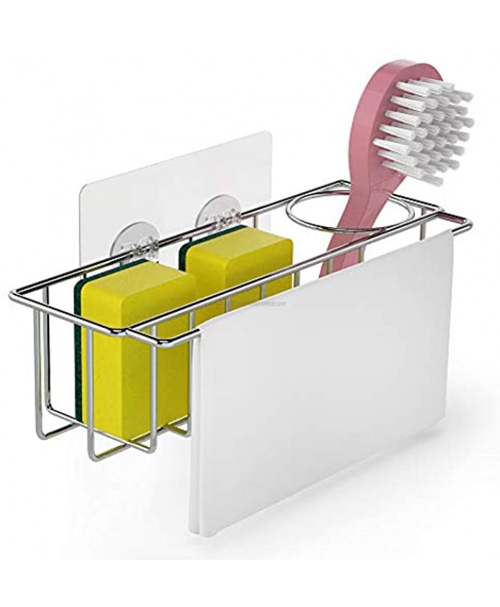 Carry360 Adhesive Sponge Holder Dish Cloth Hanger + Brush Holder 3-in-1 Sink Caddy Organizer Storage for Kitchen Sink 304 SUS Stainless Steel Rustproof Waterproof