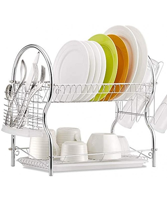 Dish Drying Rack 2 Tier Dish Rack Kitchen Organizer with Drain Board Chrome ALHAKIN