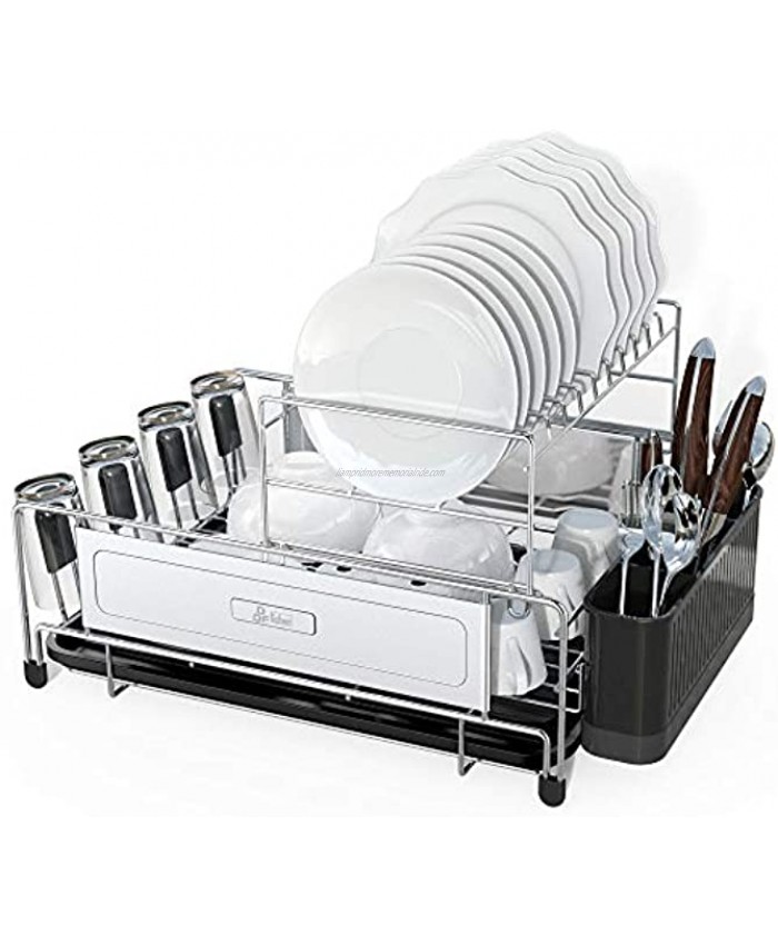 Dish Drying Rack DDF iohEF 2-Tier Compact Kitchen Dish Rack with Removable Drain Board Utensil Holder Non-Slip Cup Holders 304 Stainless Steel Dish Drainer Dish Organizer Rack