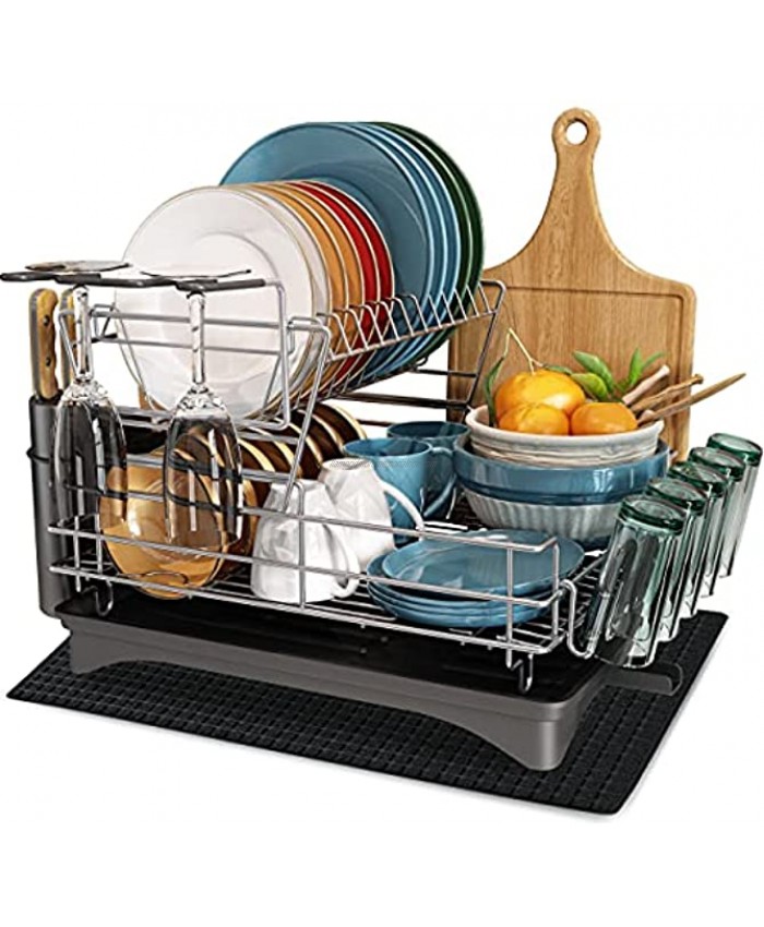 Dish Drying Rack MICOCAH 2 Tier Large Dish Rack and Drainboard Set with Swivel Spout Fully Customizable Dish Drainer for Kitchen Counter with Utensil Holder Cutting Board Holder Wine Glasses Rack