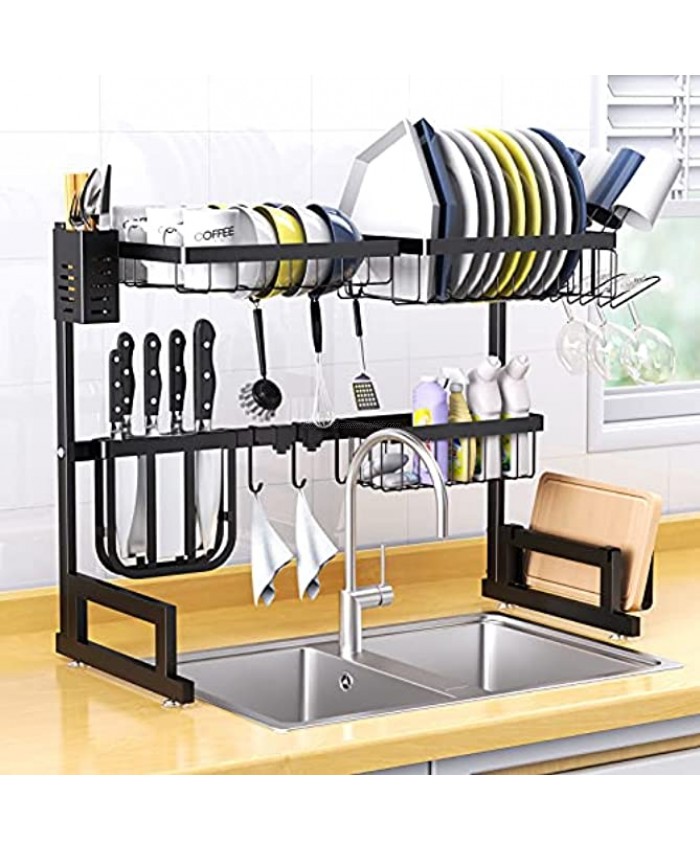 Dish Drying Rack Over Sink Basstop Length Adjustable 25.6''≤Sink Size≤''33.5 Stainless Steel Above Sink Dish Rack Drainer Shelf with 2 Tier 6 Hook for Kitchen Counter Space Saving-Matte Black