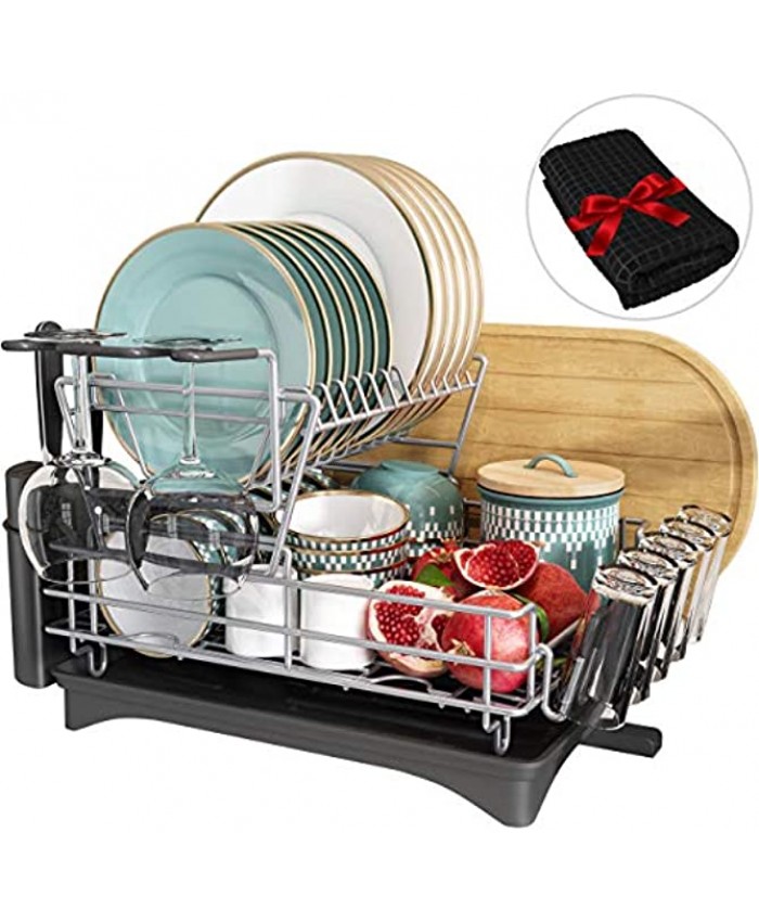 Dish Drying Rack Qienrrae 2 Tier Large Dish Rack and Drainboard Set for Kitchen Counter Stainless Steel Dish Drainer with Adjustable Swivel Spout Wine Glasses Holder Extra Dish Drying MatBlack