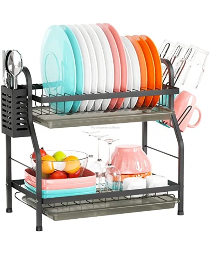 Dish Drying Rack Rust-Resistant Cambond 2 Tier Dish Rack with Drainboard Set Utensil Holder Cup Glass Holder Dish Drainer for Kitchen Counter Dish Dryer Rack Black