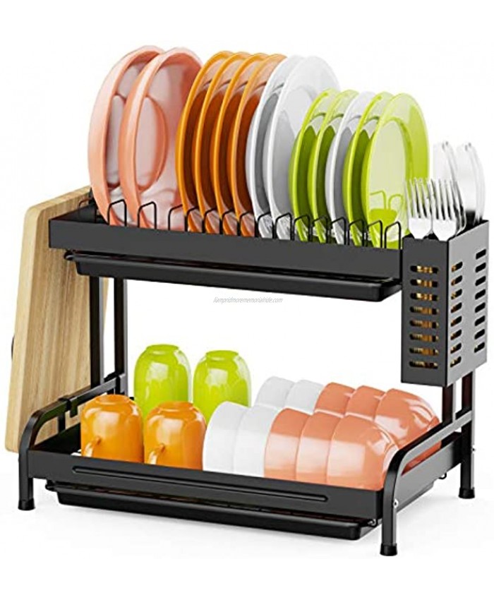 Dish Drying Rack with Drainboard iSPECLE 2 Tier Dish Rack Small Dish Drainer with Cutting Board Holder and Utensil Holder Storage for Kitchen Counter Saving Space Black