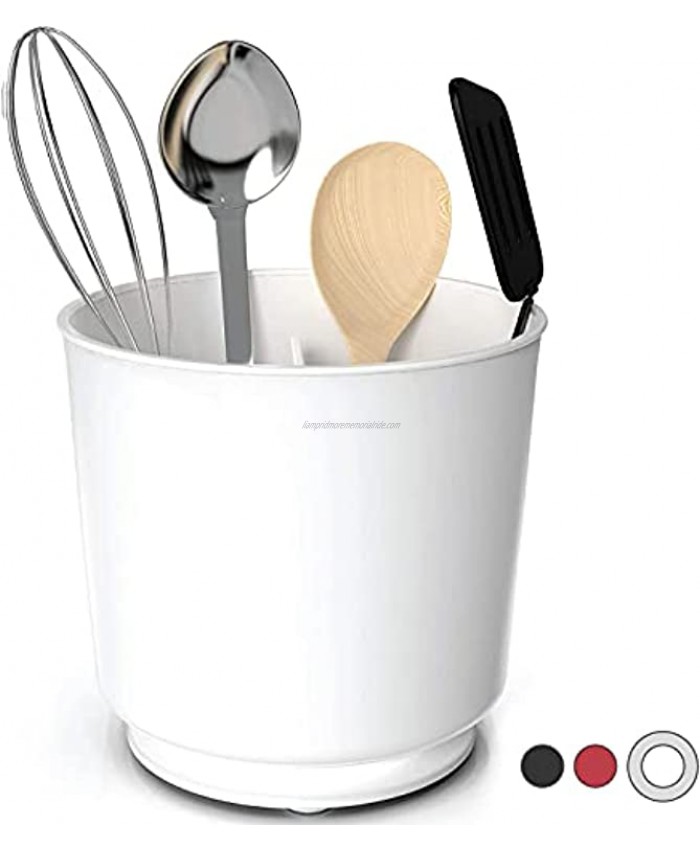 Extra Large Rotating Utensil Holder Caddy with Sturdy No-Tip Weighted Base Removable Divider and Gripped Insert: White | Rust Proof Plastic and Dishwasher Safe