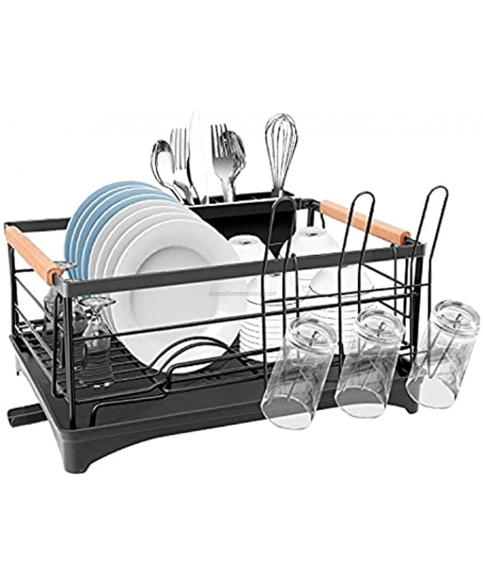 G-TING Dish Drying Rack Small Dish Rack for Kitchen Counter Rust-Proof Dish Drainer with Drying Board and Utensil Holder for Kitchen Counter Cabinet 16.6” L× 12.6”W× 7.8”H Black