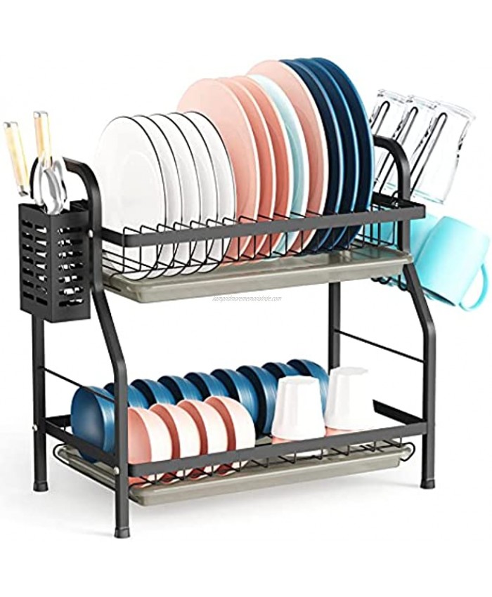 GSlife Rustproof Dish Rack for Kitchen Counter 2 Tier Small Dish Drying rack with Tray Utensil Holder & Glass Holder Black