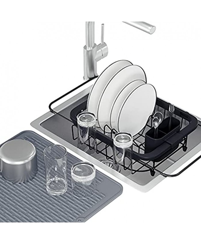 Joly Home Expandable Dish Drying Rack Rust-Proof Dish Racks Over The Sink Dish Drying Rack Drainer Kitchen Counter Sink Accessories Drying Rack with Cutlery Holder  Cup Holder and Drying Mat