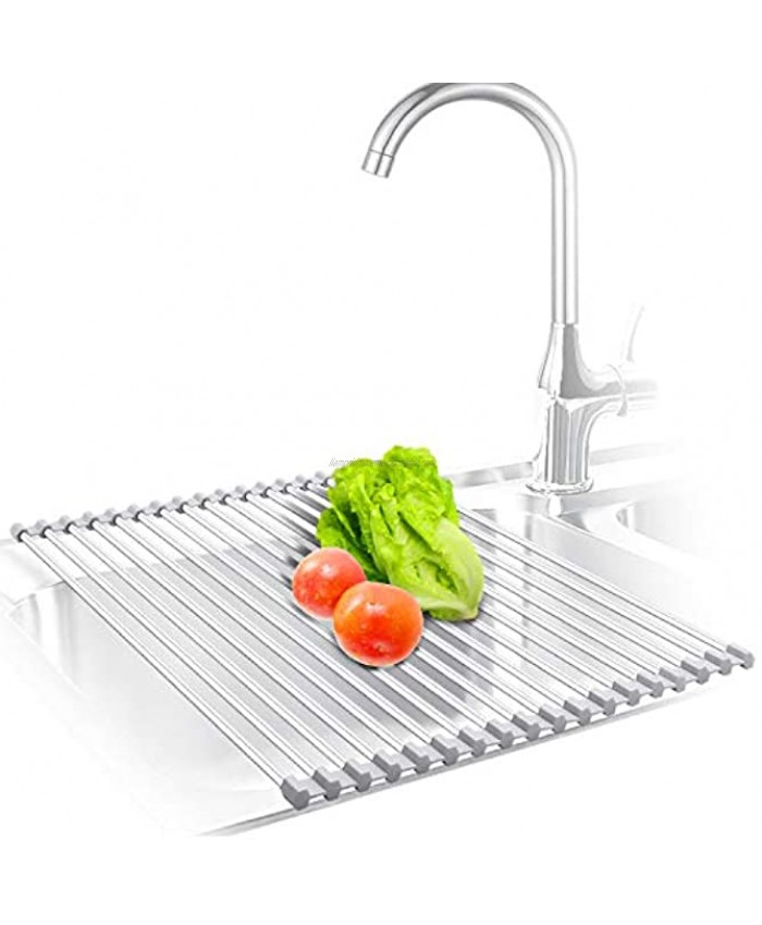 KIBEE Dish Drying Rack Stainless Steel Roll Up Over The Sink Drainer Gadget Tool for Many Kitchen TaskGray,Large