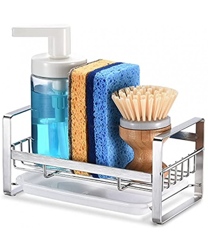 Kitchen Sink Organizer Sponge Holder Stainless Steel Kitchen Countertop Organizer with Removable Drip Tray Sink Caddy for Sponge Soap Bottle Sink Stopper 1PCS
