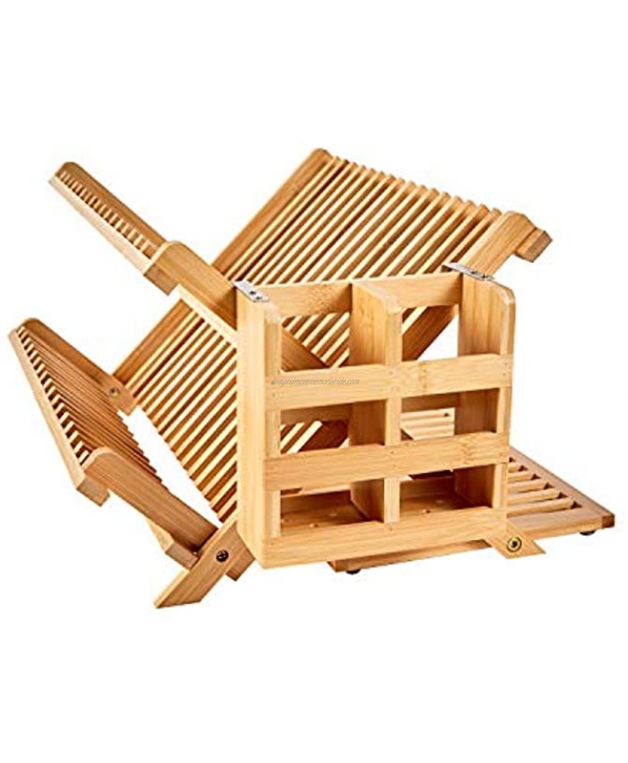 NOVAYEAH Bamboo Dish Drying Rack with Utensil Holder Collapsible Wooden Dish Drainer Rack 3-Tier Large Folding Drying Holder for Kitchen Counter
