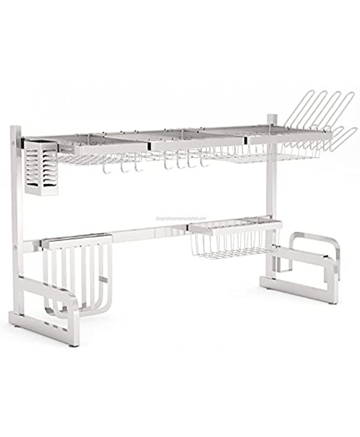 Over The Sink Dish Drying Rack 1Easylife Adjustable 2-Tier Large Dish Dryer Rack for Kitchen Organizer Storage Space Saver Shelf Utensils Holder with 7 Utility Hook Tableware Drainer Silver