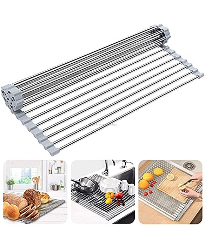 Over The Sink Dish Drying Rack Booreina Roll up Sink Dish Drainer Rack Multipurpose Foldable Kitchen Stainless Steel Dish Rack Sink Drying Rack 17” x 11.8”
