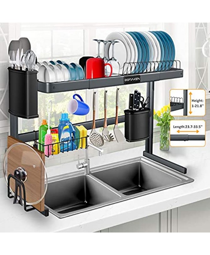 Over The Sink Dish Drying Rack Stainless Steel Over Sink Dish Drying Rack Height 1-21.8'' & Length 23.7-33.5'' Adjustable for Dishes and Utensils Kitchen Countertop Organization and Storage