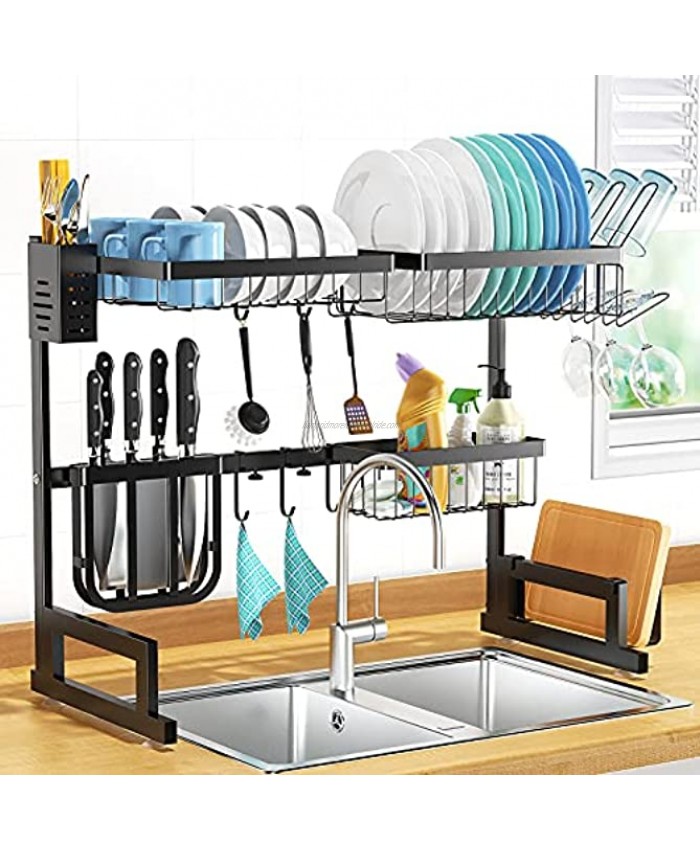 Over The Sink Dish Drying Rack Upgraded BASSTOP Width Adjustable 25.6'' 33.5'' Stainless Steel Above Sink Dish Rack Drainer Shelf with 2 Tiers for Kitchen Counter Organizer Space Saving