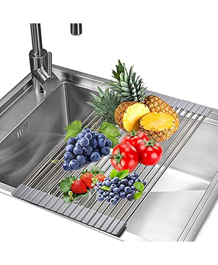 RENOOK Roll up Dish Drying Rack Stainless Steel Drainer for Kitchen Over The Sink Foldable Drying Rack Multipurpose for Fruits Vegetables Grey 17.7 x 11.1