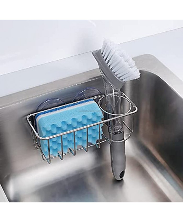 Sink Caddy Sponge Holder + Brush Holder 2 in 1 with Upgraded Suction Cups or Using Adhesive Hooks SUS304 Stainless Steel