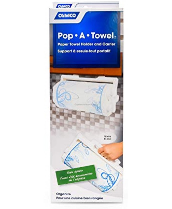 Camco Pop-A-Towel- Mountable or Portable Paper Towel Holder Dispenser Keep Paper Towels Clean Conserve Space in Your RV Kitchen White 57111