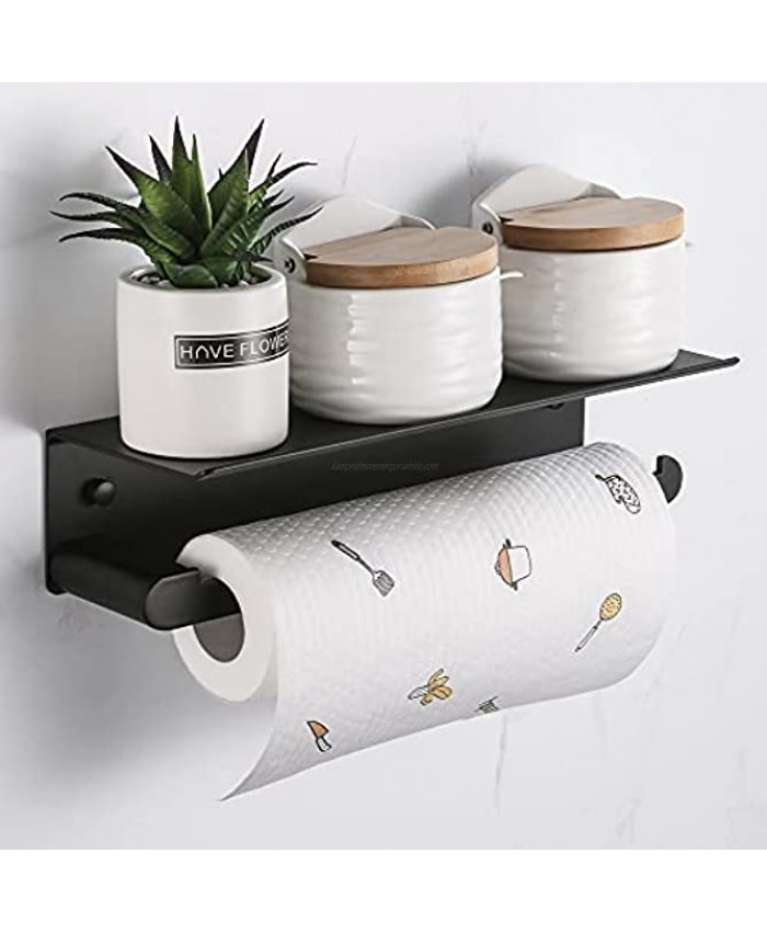 DUFU Paper Towel Holder Wall Mount for Kitchen Self-Adhesive Paper Towel Holder with Shelf for Bathroom Anti-Rust Aluminum No Drill or Wall-Mounted with Screws Matt Black