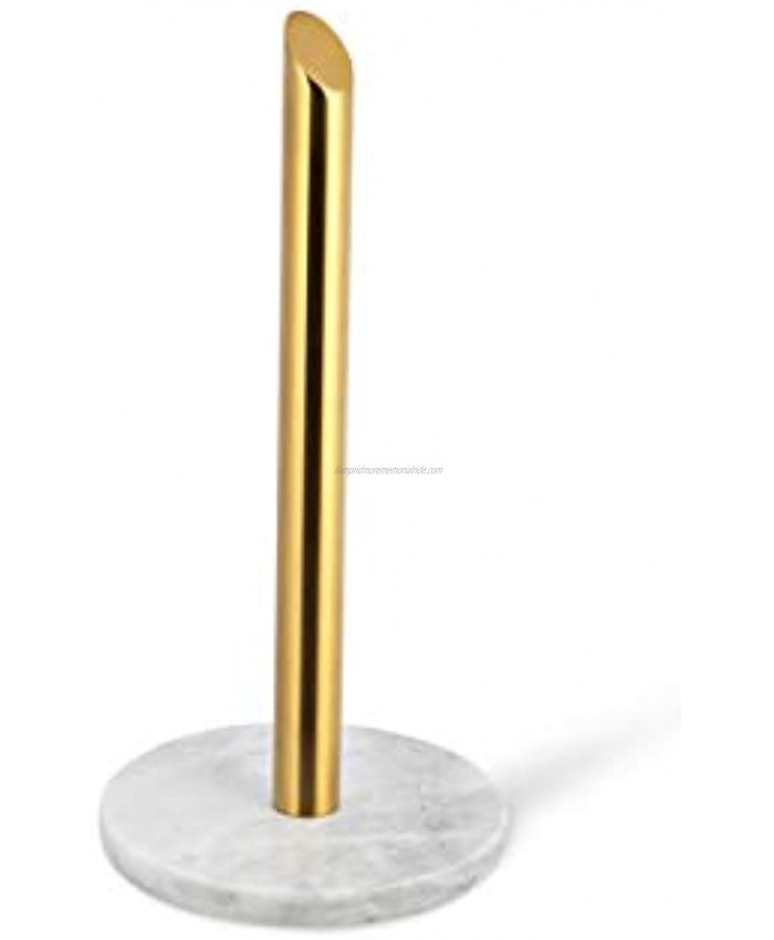 ROOMOXIE Marble Paper Towel Holder Stand Angled Golden Steel Rod with Natural White Marble Base Paper Towel Holder countertop 13 inch Heavy Duty Weighted Paper Towel Holder