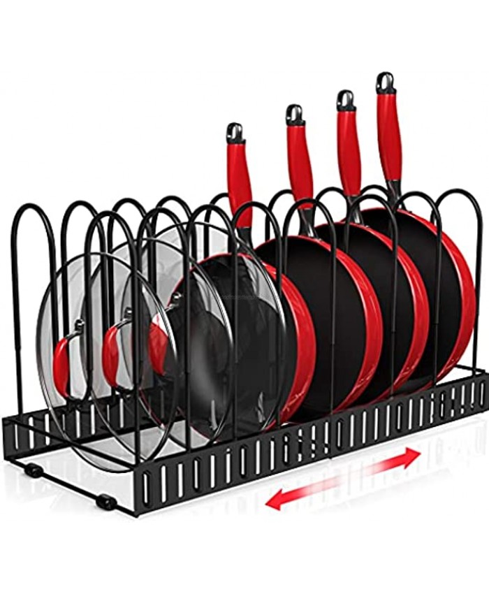 Expandable Pot and Pan Organizer Rack with 6 DIY Methods 10+ Pans and Pots Lid Organizer Rack Holder Kitchen Under Cabinet Pantry Cookware Organization and Storage 10 Non-Slip Adjustable Racks
