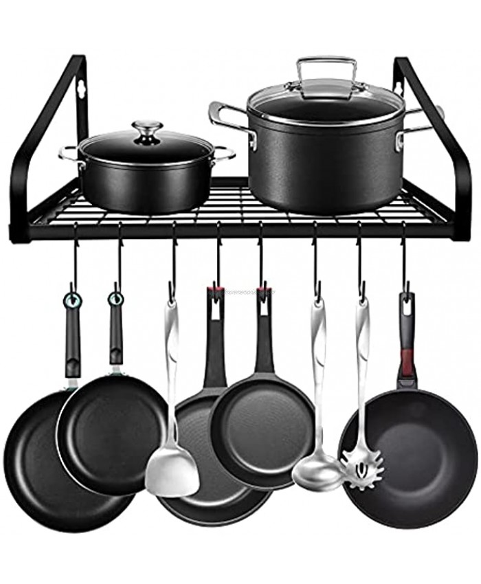 Hanging Pot Rack LADER Wall-Mounted Pot Holders for Kitchen Counter and Cabinet Pot and Pan Organizer with 8 Hooks for Pans Set Utensils Cookware Books HouseholdBlack