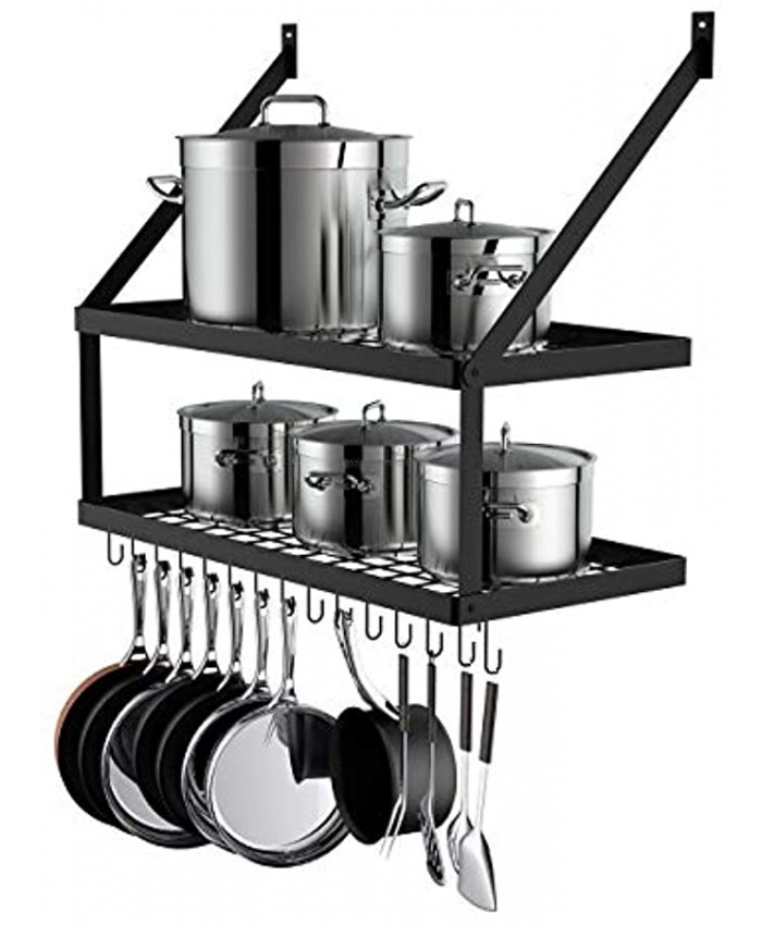 Miyili Wall Mounted Pot Rack with 2-Tier 15 Hooks Kitchen Shelves Cookware Hanging Storage Organizer 29.5 by13.7-inch Black KR300B2