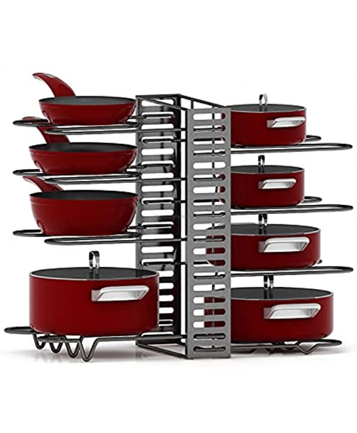 ShineTrust 8 Tiers Adjustable Pan Organizer Heavy Duty Pots and Pans Organizer Cabinet Pan Rack for Kitchen Counter Pot Lid Holders & Black Steel Cookware Organizer with 3 DIY Methods