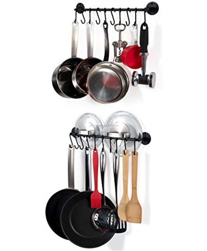 Wallniture Cucina 16 Wall Mount Kitchen Utensil Holder with 10 S Hooks for Hanging Pots and Pans and Lid Organizer Set of 2 Black