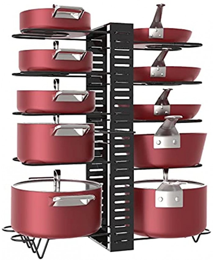 X-cosrack Pot Racks,10 Tier Adjustable Heights with Non-slip feet,6 DIY Methods,Expandable Kitchen Cabinet Pantry Pans and Pots Lid Organizer Rack Holder Black