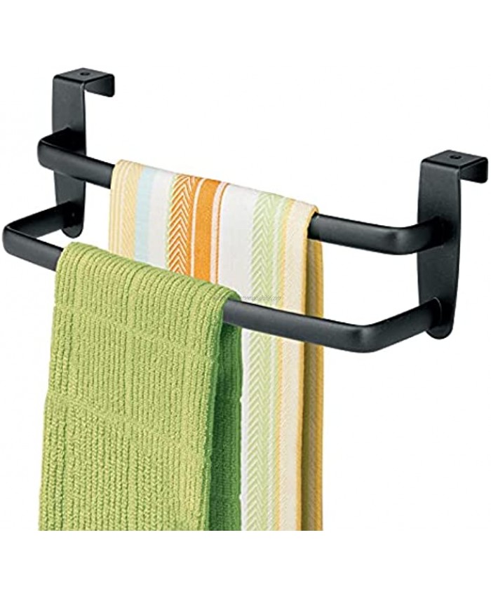 mDesign Metal Modern Kitchen Over Cabinet Double Towel Bar Rack Hang on Inside or Outside of Doors Storage and Organization for Hand Dish Tea Towels 9.84 Wide Matte Black