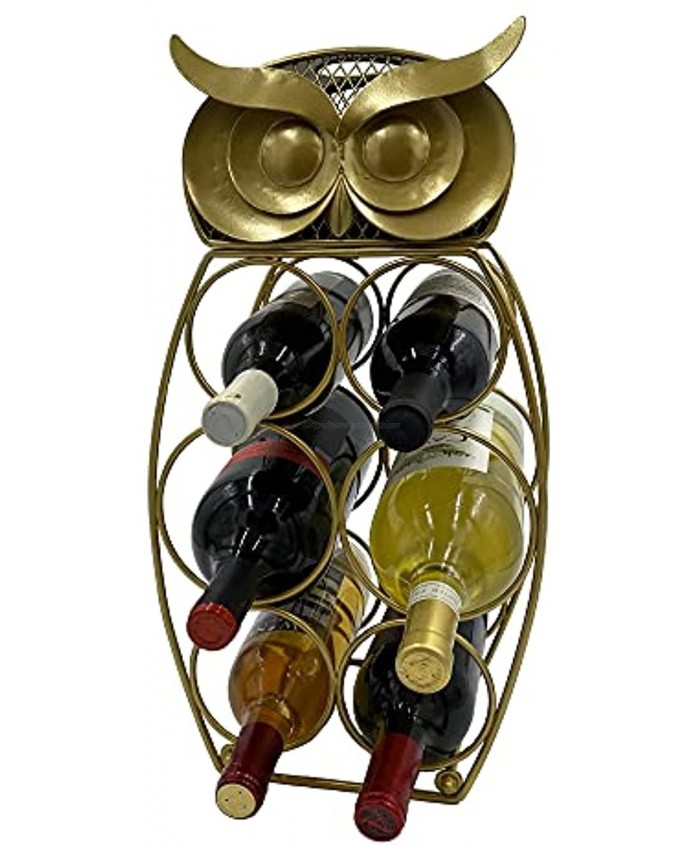 Gold Owl Shape Metal Wine Rack with Cork Storage Holds 6 Bottles with Oversized Holes for Larger Bottles. Chic Rustic Look Freestanding Compact for Kitchen Counter or Bar 10x7.8x18