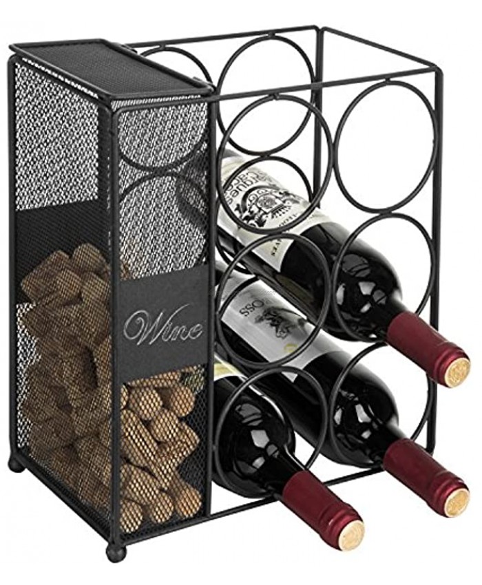 MyGift 6-Bottle Black Wire Wine Rack with Mesh Cork Basket & Chalkboard Labels