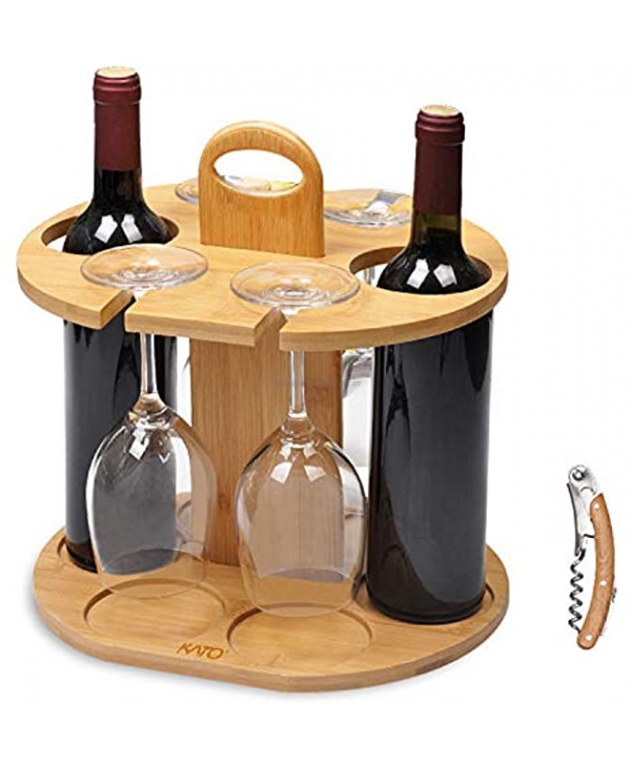 Wine Bottle Holder Glass Cup Rack w Handle Free Wood Handle Corkscrew Wine Organizer Bamboo Stand Countertop Tabletop Display
