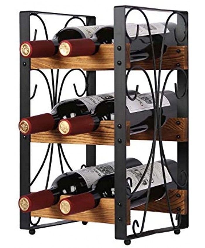 X-cosrack Rustic 3 Tier 6 Bottle Countertop Wine Rack Freestanding Wine Organizer Holder Stand Tabletop Liquor Storage Shelf Wood & Metal 9.8 L x 7.6 W x 16.5 H