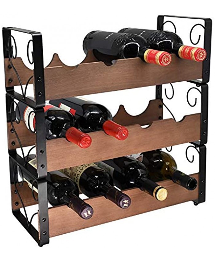 3-Tier Stackable Wine Racks countertop,Classic Style Wine Bottles Organizer Holder Stand,with Scallop Wave Shaped Shelves Design,Made of Wood and Metal- Holds 12 Bottles,Brown
