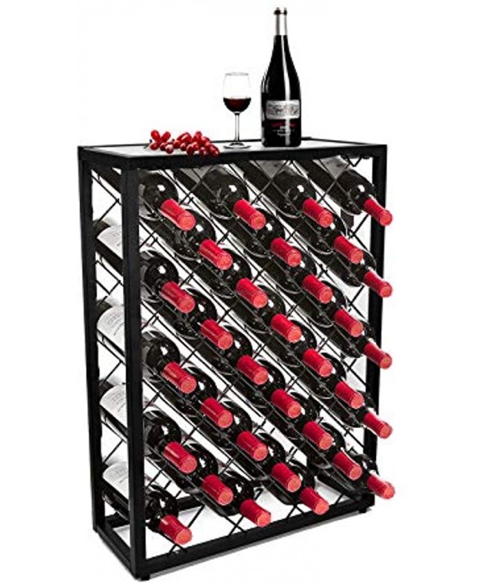 32 Bottles Wine Rack Stand with Glass Table Top Black Industrial Wine Bar Cabinet with Storage Stable Metal Frame Bar Carts Holder