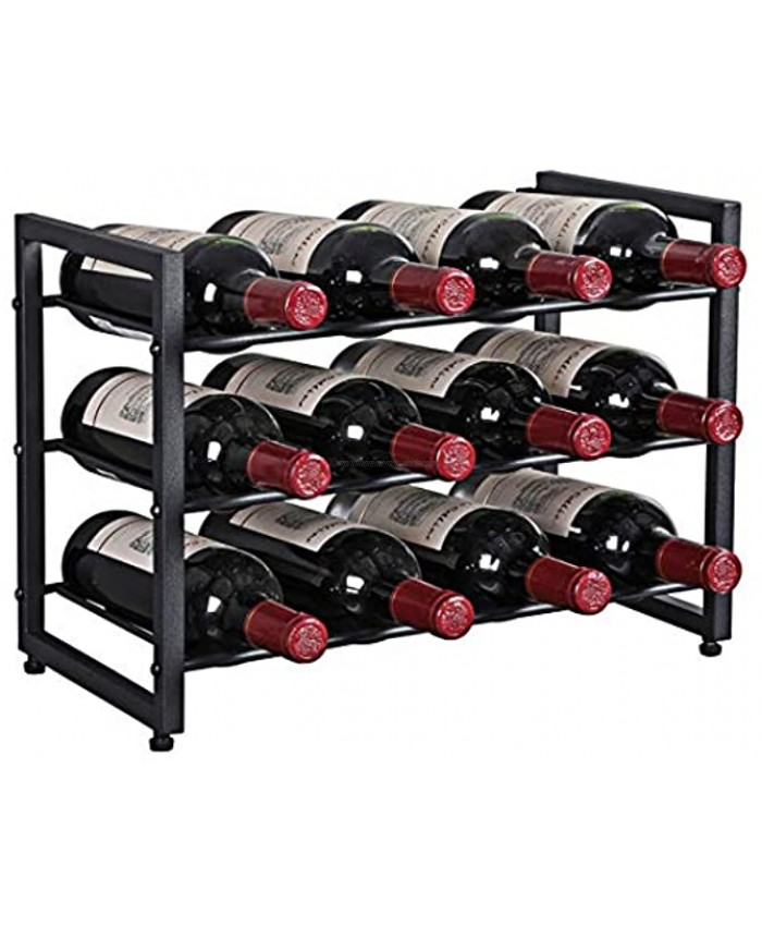 AKOZLIN 12 Bottle Metal Wine Racks 3-Tier Stackable Iron Wine Bottle Holder Stands Tabletop Free Standing Storage Wine Organizer Display Shelf for Kitchen Pantry Cellar Bar,Black