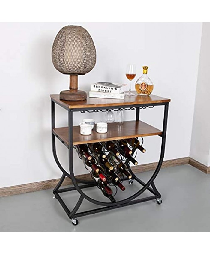 BENOSS 15-Bottle Industrial Wine Bar Rack for Home Metal & Wood Wine Display Rack with Glass Holder Kitchen Wine Storage Cabinet Vintage Brown