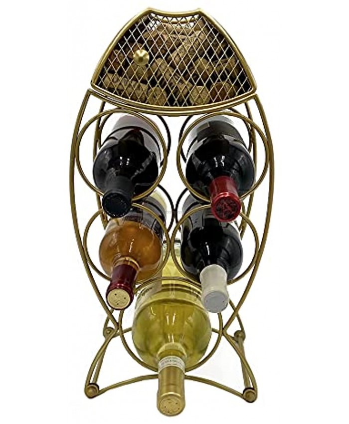 Gold Fish Shape Metal Wine Rack with Cork Storage Holds 5 Bottles with Oversized Hole for Larger Bottles. Chic Rustic Look Freestanding Compact for Kitchen Counter or Bar 9x7.4x17.6