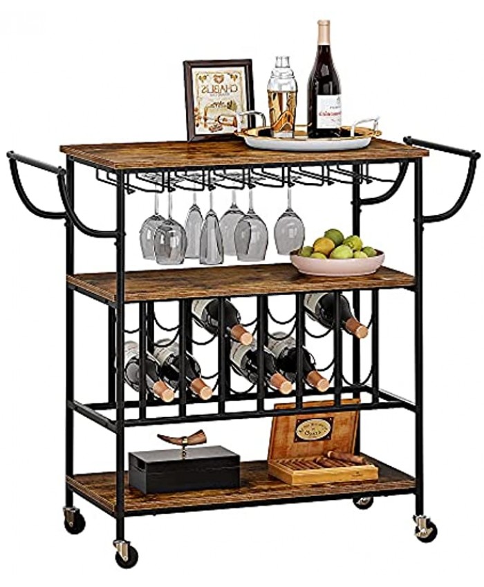 HOMEFORT Rolling Wine Rack Vintage Industrial Wine Bar Cabinet with Glass Holder Wine Storage Display Stand,3-Tier Kitchen Serving Utility Cart with Wheels and Handle Rustic Brown