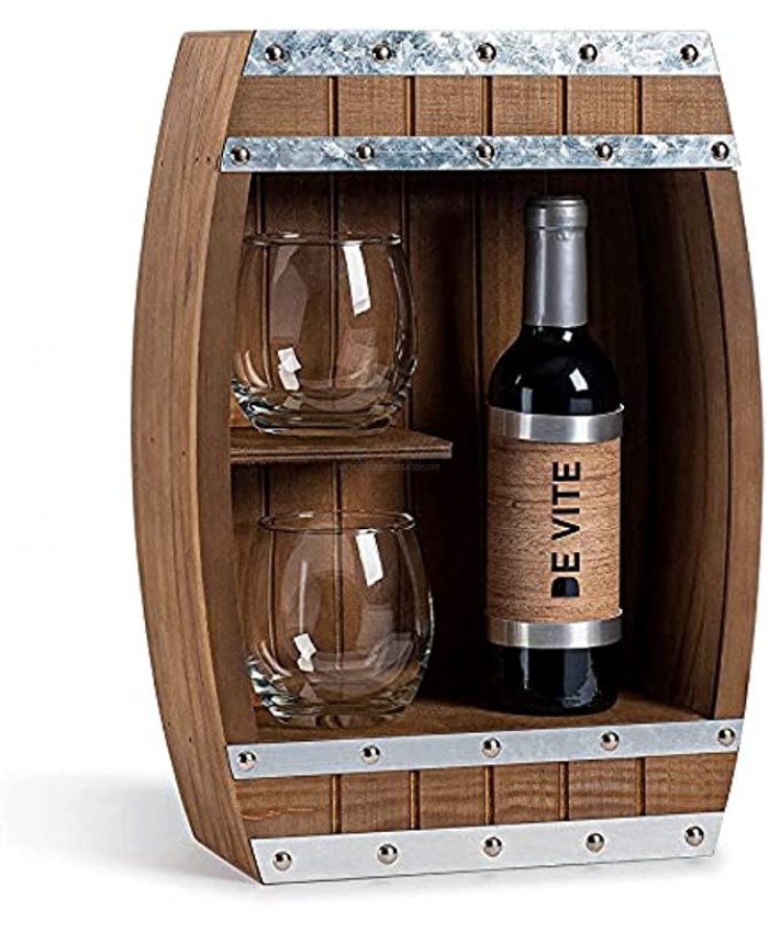 Wooden Wine Barrel Display Pinewood Display Case with Sliding Cover Ideal for Wine Whiskey Scotch & More 2 Built-In Shelves for Stemless Wine or Rocks Glasses A Gift for Wedding or Any Occasion