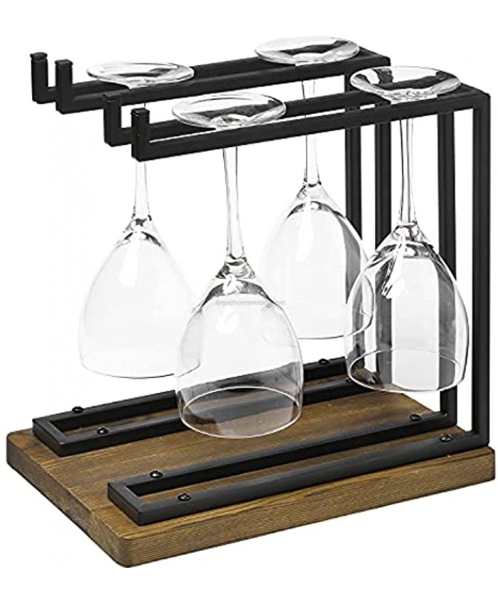 MyGift Countertop Wine Glass Stemware Holder Stand with Industrial Black Metal Double Racks and Rustic Wooden Base